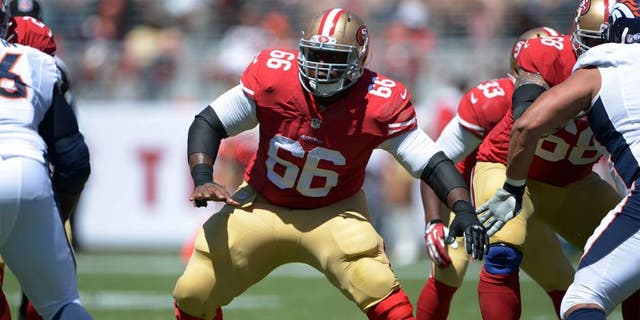 Aug 17, 2014; Santa Clara, CA, USA; San Francisco 49ers center Marcus Martin (66) against the Denver Broncos in the inaugural football game at Levi's Stadium. Mandatory Credit: Kirby Lee-USA TODAY Sports