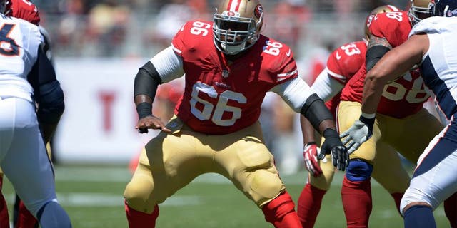 Aug 17, 2014; Santa Clara, CA, USA; San Francisco 49ers center Marcus Martin (66) against the Denver Broncos in the inaugural football game at Levi's Stadium. Mandatory Credit: Kirby Lee-USA TODAY Sports