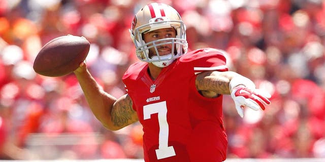 Aug 17, 2014; Santa Clara, CA, USA; San Francisco 49ers quarterback Colin Kaepernick (7) prepares to throw a pass against the Denver Broncos in the first quarter at Levi's Stadium. Mandatory Credit: Cary Edmondson-USA TODAY Sports