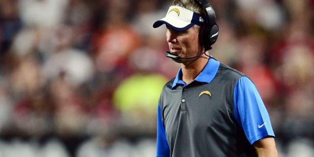 Aug 22, 2015; Glendale, AZ, USA; San Diego Chargers head coach Mike McCoy looks on against the Arizona Cardinals during the first half at University of Phoenix Stadium. Mandatory Credit: Joe Camporeale-USA TODAY Sports