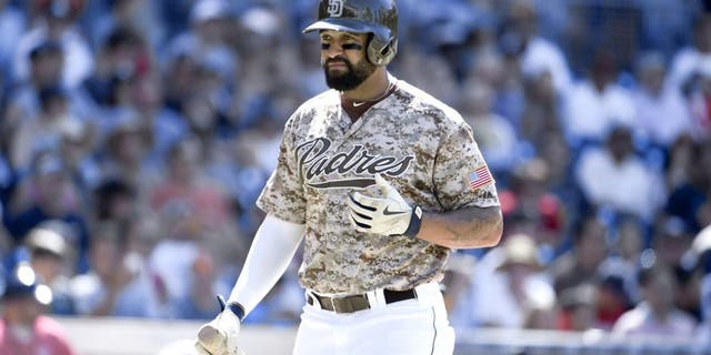 SAN DIEGO, CA - JULY 26: Matt Kemp #27 of the San Diego Padres plays during a baseball game against the Miami Marlins at Petco Park July 26, 2015 in San Diego, California. (Photo by Denis Poroy/Getty Images)