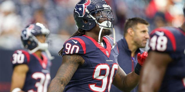 Aug 22, 2015; Houston, TX, USA; Houston Texans outside linebacker Jadeveon Clowney (90) warms up before a game against the Denver Broncos at NRG Stadium. Mandatory Credit: Troy Taormina-USA TODAY Sports