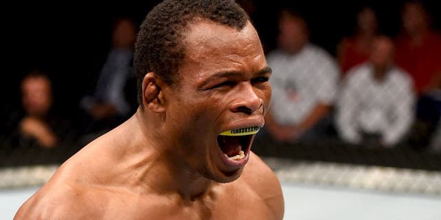 SASKATOON, SK - AUGUST 23: Francisco Trinaldo of Brazil celebrates after his TKO victory over Chad Laprise in their lightweight bout during the UFC event at the SaskTel Centre on August 23, 2015 in Saskatoon, Saskatchewan, Canada. (Photo by Jeff Bottari/Zuffa LLC/Zuffa LLC via Getty Images)
