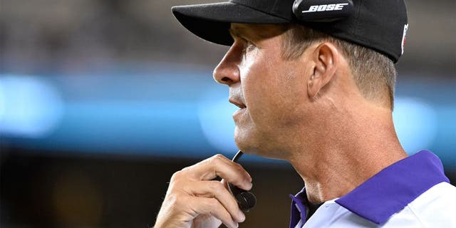 Aug 22, 2015; Philadelphia, PA, USA; Baltimore Ravens head coach John Harbaugh on the sidelines during the second half against the Philadelphia Eagles at Lincoln Financial Field. The Eagles defeated the Ravens, 40-17. Mandatory Credit: Eric Hartline-USA TODAY Sports