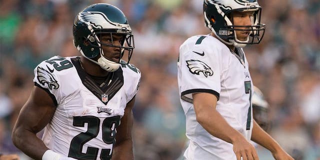 PHILADELPHIA, PA - AUGUST 22: Sam Bradford #7 and DeMarco Murray #29 of the Philadelphia Eagles play in the game against the Baltimore Ravens on August 22, 2015 at Lincoln Financial Field in Philadelphia, Pennsylvania. (Photo by Mitchell Leff/Getty Images)