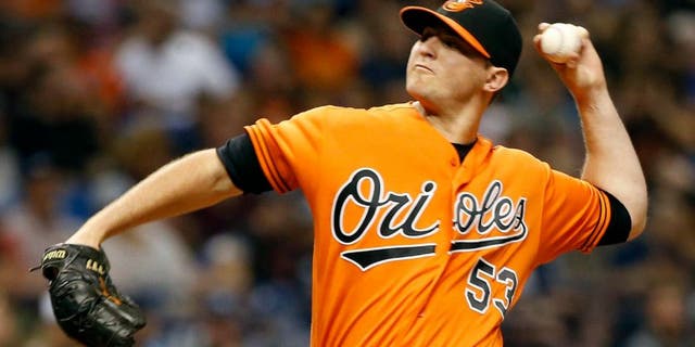 Jul 16, 2016; St. Petersburg, FL, USA; Baltimore Orioles relief pitcher Zach Britton (53) throws a pitch during the ninth inning against the Tampa Bay Rays at Tropicana Field. Baltimore Orioles defeated the Tampa Bay Rays 2-1. Mandatory Credit: Kim Klement-USA TODAY Sports