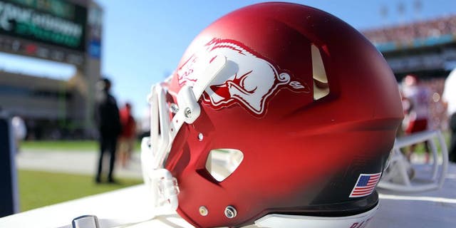 Nov 17, 2012; Starkville, MS, USA; Arkansas Razorbacks helmet during the game between the Mississippi State Bulldogs and the Arkansas Razorbacks at Davis Wade Stadium. Mississippi State Bulldogs defeated the Arkansas Razorbacks 45-14. Mandatory Credit: Spruce DerdenâÃìUSA TODAY Sports