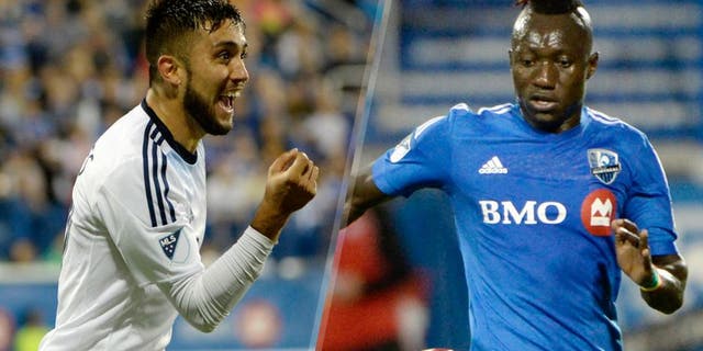 Aug 12, 2015; Montreal, Quebec, Canada; Vancouver Whitecaps midfielder Pedro Morales (77) reacts after scoring a goal against the Montreal Impact during the second half at Stade Saputo. Mandatory Credit: Eric Bolte-USA TODAY Sports Aug 5, 2015; Montreal, Quebec, CAN; Montreal Impact forward Dominic Oduro (7) plays the ball against the New York Red Bulls during the first half at Stade Saputo. Mandatory Credit: Eric Bolte-USA TODAY Sports