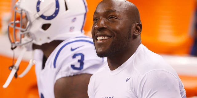 Aug 22, 2015; Indianapolis, IN, USA; Indianapolis Colts defensive lineman Robert Mathis who is injured sits on the bench during a game against the Chicago Bears at Lucas Oil Stadium. Mandatory Credit: Brian Spurlock-USA TODAY Sports