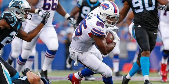 Aug 14, 2015; Orchard Park, NY, USA; Buffalo Bills tight end Charles Clay (85) runs with the ball after a catch against the Carolina Panthers during the first quarter at a preseason NFL football game at Ralph Wilson Stadium. Mandatory Credit: Kevin Hoffman-USA TODAY Sports