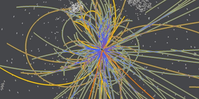 This simulation shows the production of a Higgs boson following a collision of two protons. The Higgs decays into two jets of hadrons and two electrons