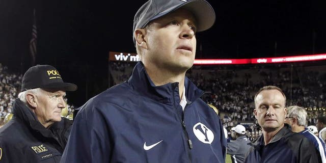 Oct 12, 2013; Provo, UT, USA; Brigham Young Cougars head coach Bronco Mendenhall after the second half of a football game against the Georgia Tech Yellow Jackets at Lavell Edwards Stadium. Brigham Young Cougars won 38-20. Mandatory Credit: Jim Urquhart-USA TODAY Sports