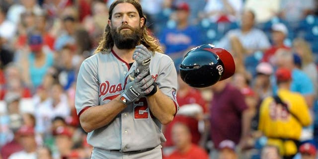 Aug 25, 2014; Philadelphia, PA, USA; Washington Nationals right fielder Jayson Werth (28) tosses his helmet after striking out to end the first inning against the Philadelphia Phillies at Citizens Bank Park. Mandatory Credit: Eric Hartline-USA TODAY Sports