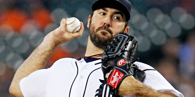 DETROIT, MI - AUGUST 26: Pitcher Justin Verlander #35 of the Detroit Tigers delivers against the Los Angeles Angels of Anaheim during the first inning at Comerica Park on August 26, 2015 in Detroit, Michigan. (Photo by Duane Burleson/Getty Images)
