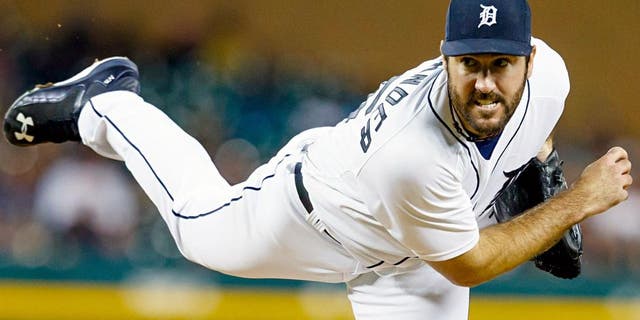 Aug 26, 2015; Detroit, MI, USA; Detroit Tigers starting pitcher Justin Verlander (35) pitches in the eighth inning against the Los Angeles Angels at Comerica Park. Detroit won 5-0. Mandatory Credit: Rick Osentoski-USA TODAY Sports