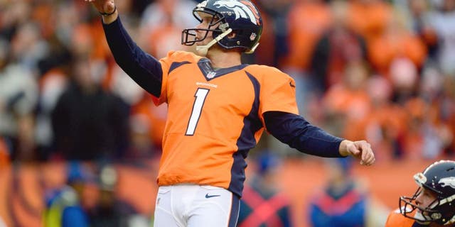 Jan 11, 2015; Denver, CO, USA; Denver Broncos kicker Connor Barth (1) completes a point after in the second quarter of the 2014 AFC Divisional playoff football game against the Indianapolis Colts at Sports Authority Field at Mile High. Mandatory Credit: Ron Chenoy-USA TODAY Sports