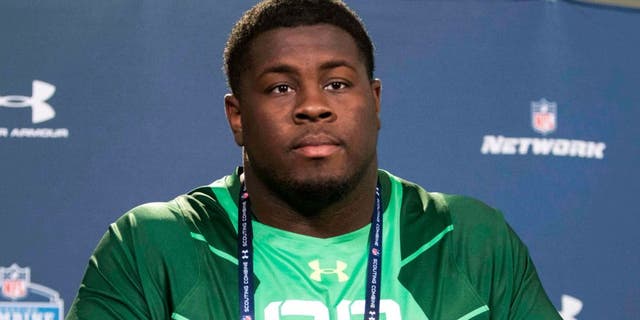 Feb 20, 2015; Indianapolis, IN, USA; Florida State defensive lineman Eddie Goldman speaks to the media at the 2015 NFL Combine at Lucas Oil Stadium. Mandatory Credit: Trevor Ruszkowski-USA TODAY Sports