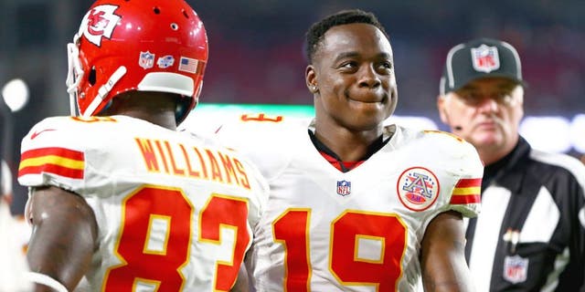 Aug 15, 2015; Glendale, AZ, USA; Kansas City Chiefs wide receiver Jeremy Maclin (19) and Fred Williams (83) against the Arizona Cardinals during a preseason NFL football game at University of Phoenix Stadium. Mandatory Credit: Mark J. Rebilas-USA TODAY Sports