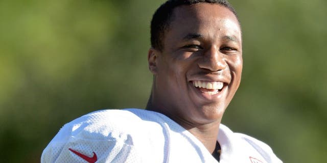 Aug 11, 2015; St. Joseph, MO, USA; Kansas City Chiefs cornerback Marcus Peters (22) takes a break during the training camp at Missouri Western State University. Mandatory Credit: Denny Medley-USA TODAY Sports