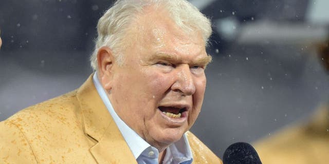 Nov 20, 2014; Oakland, CA, USA; Oakland Raiders former coach John Madden speaks at halftime ceremony to present Ray Guy (not pictured) with Pro Football Hall of Fame ring at O.co Coliseum. Mandatory Credit: Kirby Lee-USA TODAY Sports