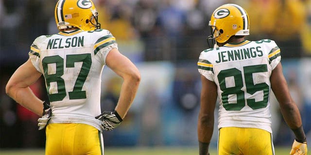 Nov 6, 2011; San Diego, CA, USA; Green Bay Packers wide receiver Jordy Nelson (87) and wide receiver Greg Jennings (85) during the fourth quarter against the San Diego Chargers at Qualcomm Stadium. Mandatory Credit: Jake Roth-USA TODAY Sports