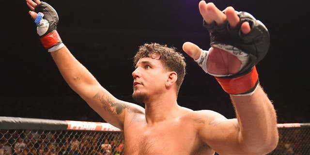 SAN DIEGO, CA - JULY 15: Frank Mir celebrates his knockout victory over Todd Duffee in their heavyweight bout during the UFC event at the Valley View Casino Center on July 15, 2015 in San Diego, California. (Photo by Jeff Bottari/Zuffa LLC/Zuffa LLC via Getty Images)