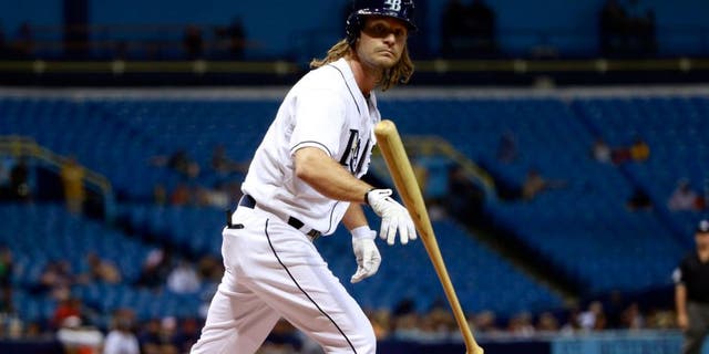 Aug 26, 2015; St. Petersburg, FL, USA; Tampa Bay Rays designated hitter John Jaso (28) walks during the fourth inning against the Minnesota Twins at Tropicana Field. Mandatory Credit: Kim Klement-USA TODAY Sports