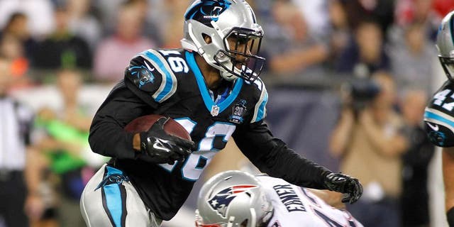 Aug 22, 2014; Foxborough, MA, USA; Carolina Panthers wide receiver Philly Brown (16) runs against the New England Patriots during the first quarter at Gillette Stadium. Mandatory Credit: Stew Milne-USA TODAY Sports