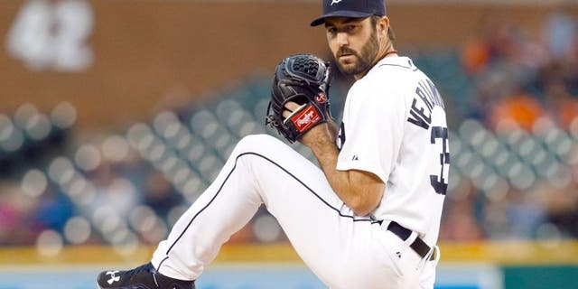 Aug 26, 2015; Detroit, MI, USA; Detroit Tigers starting pitcher Justin Verlander (35) pitches in the first inning against the Los Angeles Angels at Comerica Park. Mandatory Credit: Rick Osentoski-USA TODAY Sports