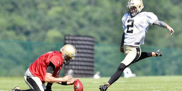 Aug 3, 2015; White Sulphur Springs, WV, USA; New Orleans Saints kicker Zach Hocker (2) attempts a field goal during training camp at The Greenbrier. Mandatory Credit: Michael Shroyer-USA TODAY Sports