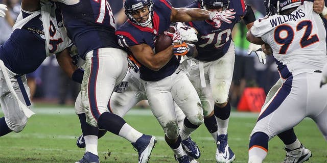 Aug 22, 2015; Houston, TX, USA; Houston Texans running back Jonathan Grimes (41) rushes during the second quarter against the Denver Broncos at NRG Stadium. Mandatory Credit: Troy Taormina-USA TODAY Sports