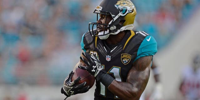Aug 28, 2014; Jacksonville, FL, USA; Jacksonville Jaguar wide receiver Marqise Lee (11) catches a touchdown pass from quarterback Blake Bortles against the Atlanta Falcons during the 2nd quarter at EverBank Field. Mandatory Credit: Richard Dole-USA TODAY Sports