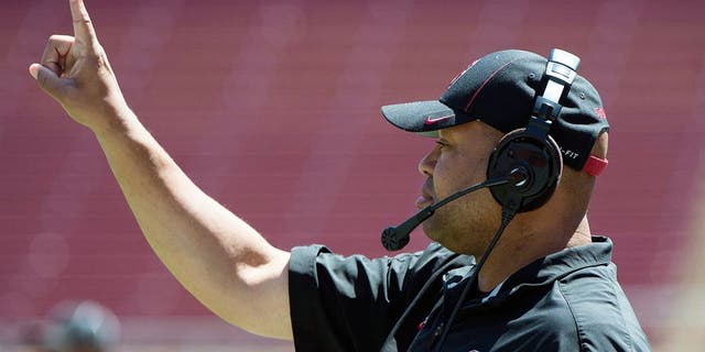 April 12, 2014; Stanford, CA, USA; Stanford Cardinal head coach David Shaw signals during the spring game at Stanford Stadium. Mandatory Credit: Kyle Terada-USA TODAY Sports