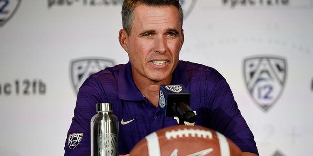 Jul 24, 2014; Hollywood, CA, USA; Washington Huskies head coach Chris Petersen talks to the media during the Pac-12 Media Day at the Studios at Paramount. Mandatory Credit: Kelvin Kuo-USA TODAY Sports