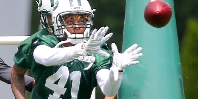 Jun 9, 2015; Florham Park, NJ, USA; New York Jets cornerback Buster Skrine (41) catches a pass during New York Jets minicamp at Atlantic Health Jets Training Center. Mandatory Credit: Ed Mulholland-USA TODAY Sports