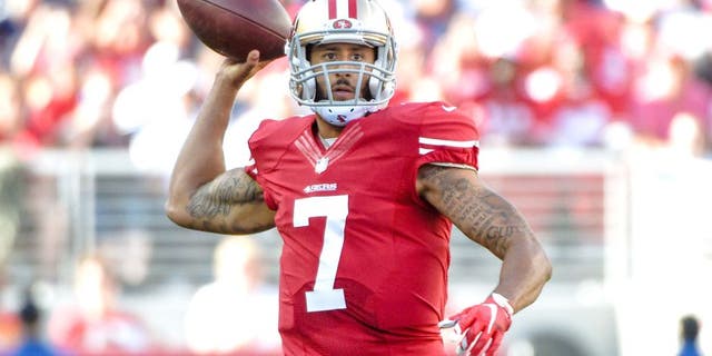 August 23, 2015; Santa Clara, CA, USA; San Francisco 49ers quarterback Colin Kaepernick (7) passes the football against the Dallas Cowboys during the first quarter at Levi's Stadium. Mandatory Credit: Kyle Terada-USA TODAY Sports