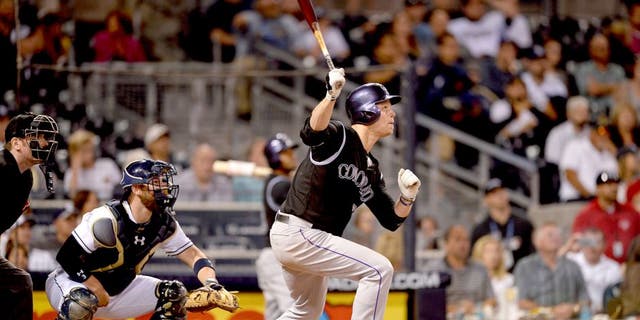SAN DIEGO, CA - MAY 1: Justin Morneau #33 of the Colorado Rockies hits during the game against the San Diego Padres at Petco Park on May 1, 2015 in San Diego, California. (Photo by Andy Hayt/San Diego Padres/Getty Images)