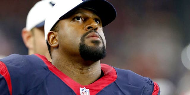 Aug 22, 2015; Houston, TX, USA; Houston Texans tackle Duane Brown (76) on the sidelines during the second half against the Denver Broncos at NRG Stadium. The Broncos beat the Texans 14-10. Mandatory Credit: Matthew Emmons-USA TODAY Sports