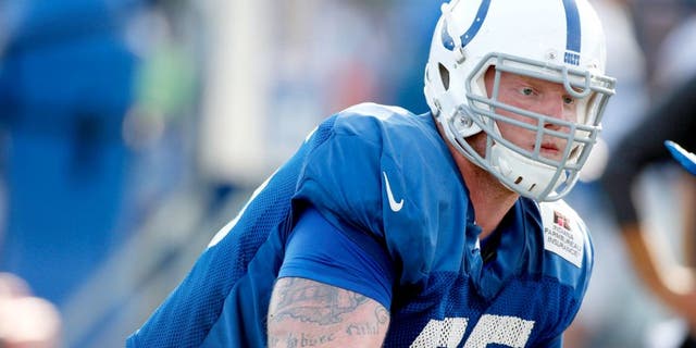 Aug 5, 2015; Anderson, IN, USA; Indianapolis Colts offensive tackle Jack Mewhort (75) blocks during training camp at Anderson University. Mandatory Credit: Brian Spurlock-USA TODAY Sports