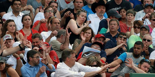 BOSTON - JUNE 17: Fans along the third base line duck for cover as a foul ball screams at them. The Boston Red Sox hosted the Minnesota Twins in a regular season MLB game at Fenway Park. (Photo by Jim Davis/The Boston Globe via Getty Images)