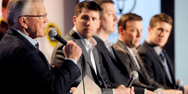 CHARLOTTE, NC - JANUARY 26: Joe Gibbs (left), owner of Joe Gibbs Racing, speaks with the media during the NASCAR Sprint Media Tour at the Charlotte Convention Center on January 26, 2015 in Charlotte, North Carolina. (Photo by Jared C. Tilton/NASCAR via Getty Images)