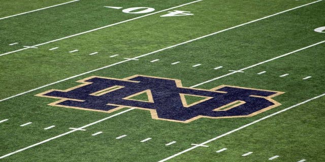 Oct 11, 2014; South Bend, IN, USA; A general view of the monogram on the 50 yard line of Notre Dame Stadium before the game between the Notre Dame Fighting Irish and the North Carolina Tar Heels. Mandatory Credit: Matt Cashore-USA TODAY Sports