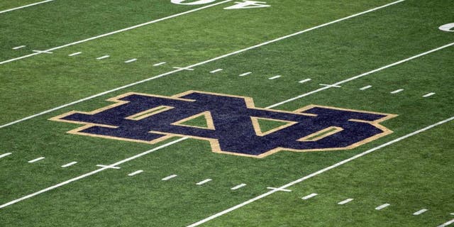 Oct 11, 2014; South Bend, IN, USA; A general view of the monogram on the 50 yard line of Notre Dame Stadium before the game between the Notre Dame Fighting Irish and the North Carolina Tar Heels. Mandatory Credit: Matt Cashore-USA TODAY Sports