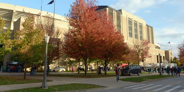 Oct 19, 2013; South Bend, IN, USA; General view of the Notre Dame Stadium exterior before the game between the Southern California Trojans and the Notre Dame Fighting Irish. Mandatory Credit: Kirby Lee-USA TODAY Sports