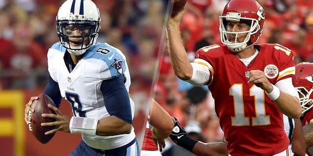 KANSAS CITY, MO - AUGUST 28: Quarterback Marcus Mariota #8 of the Tennessee Titans scrambles during the preseason game against the Kansas City Chiefs at Arrowhead Stadium on August 28, 2015 in Kansas City, Missouri. (Photo by Peter G. Aiken/Getty Images) KANSAS CITY, MO - AUGUST 28: Quarterback Alex Smith #11 of the Kansas City Chiefs passes during the preseason game against the Tennessee Titans at Arrowhead Stadium on August 28, 2015 in Kansas City, Missouri. (Photo by Peter G. Aiken/Getty Images)