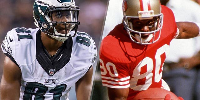 Jordan Matthews #81 of the Philadelphia Eagles plays in the game against the Baltimore Ravens on August 22, 2015 at Lincoln Financial Field in Philadelphia, Pennsylvania. (Photo by Mitchell Leff/Getty Images) Wide Receiver Jerry Rice #80 of the San Francisco 49ers carries the ball during an NFL football game circa 1991 at Candlestick Park in San Francisco, California. Rice played for the 49ers from 1985-2000. (Photo by Focus on Sport/Getty Images)