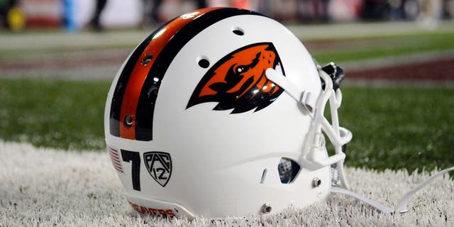 Oct 12, 2013; Pullman, WA, USA; Oregon State Beavers helmet sits on the sideline before a game against the Washington State Cougars at Martin Stadium. Mandatory Credit: James Snook-USA TODAY Sports