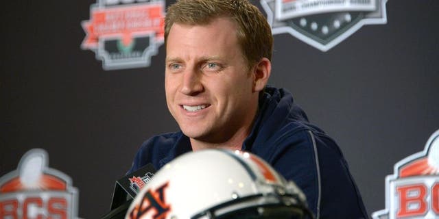 Jan 2, 2014; Newport Beach, CA, USA; Auburn Tigers offensive coordinator Rhett Lashlee at the 2014 BCS National Championship press conference at Newport Beach Marriott. Mandatory Credit: Kirby Lee-USA TODAY Sports