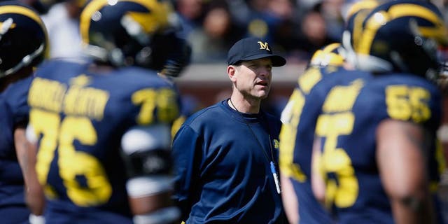 ANN ARBOR, MI - APRIL 04: Head coach Jim Harbaugh of the Michigan Wolverines looks on during the Michigan Football Spring Game on April 4, 2015 at Michigan Stadium in Ann Arbor, Michigan. (Photo by Gregory Shamus/Getty Images)