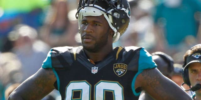Dec 22, 2013; Jacksonville, FL, USA; Jacksonville Jaguars defensive end Andre Branch (90) during the first half against the Tennessee Titans at EverBank Field. Mandatory Credit: Kim Klement-USA TODAY Sports